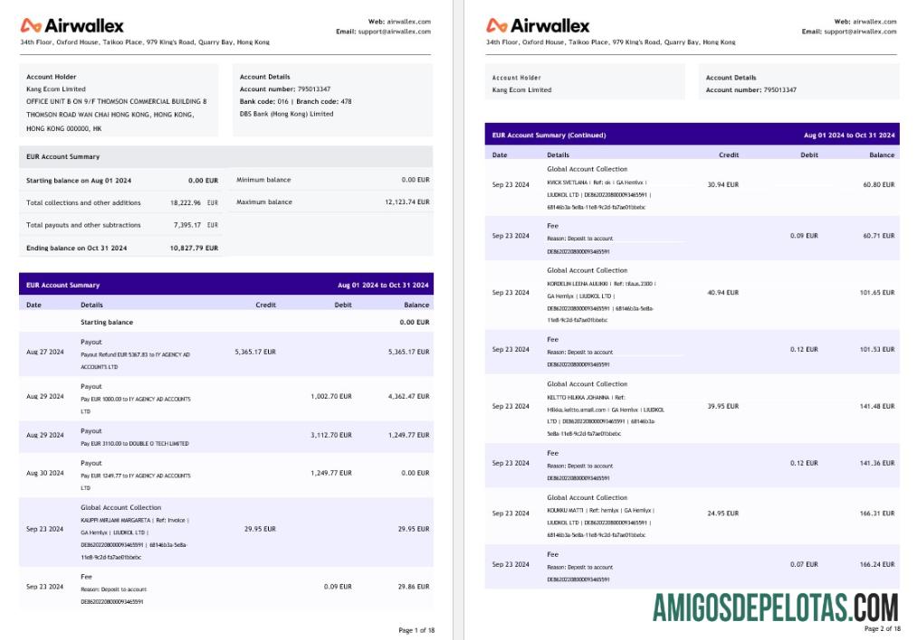 Extrato de conta limitado da Hong Kong Airwallex, exemplo de 18 páginas